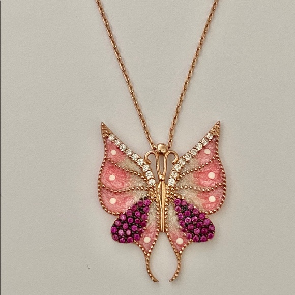 Butterfly necklace 925 silver white pink enamel cz - Picture 5 of 5